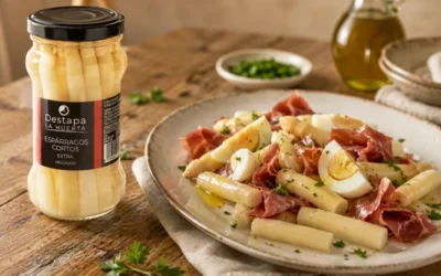 Ensalada templada de espárragos cortos con jamón y huevo