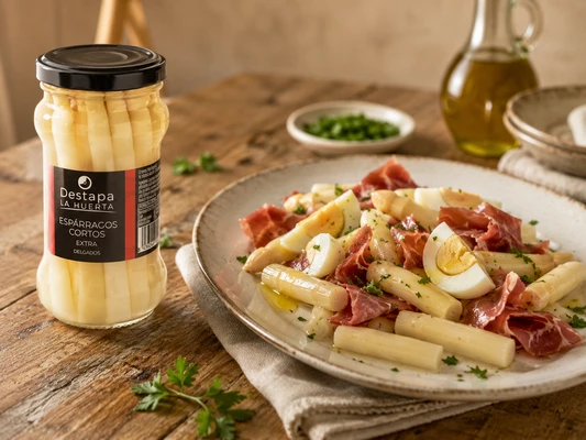 Ensalada templada de espárragos cortos con jamón y huevo