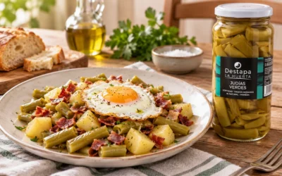 Judías verdes con patatas, jamón crujiente y huevo